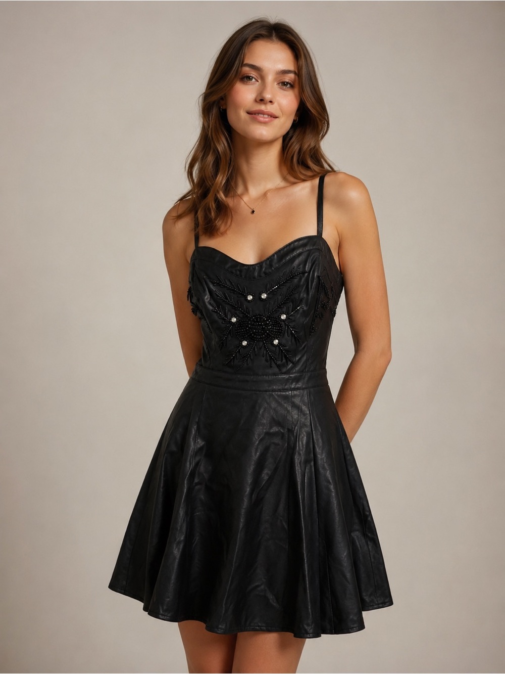 Mustard Seed Black Faux Leather Beaded Mini Dress Size Large